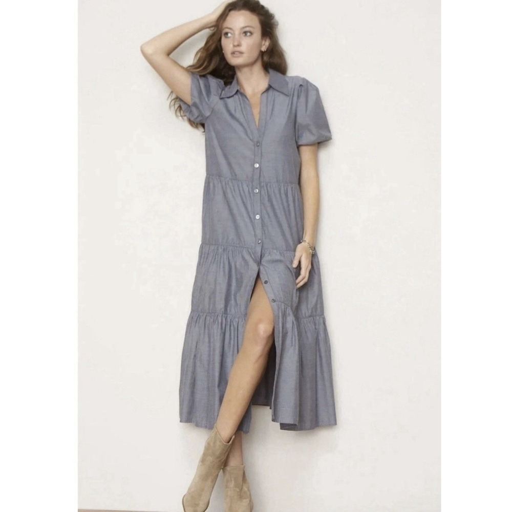 Brochu Walker Havana Shirt Dress XS Washed Slate Tiered Midi Button Front LLL13